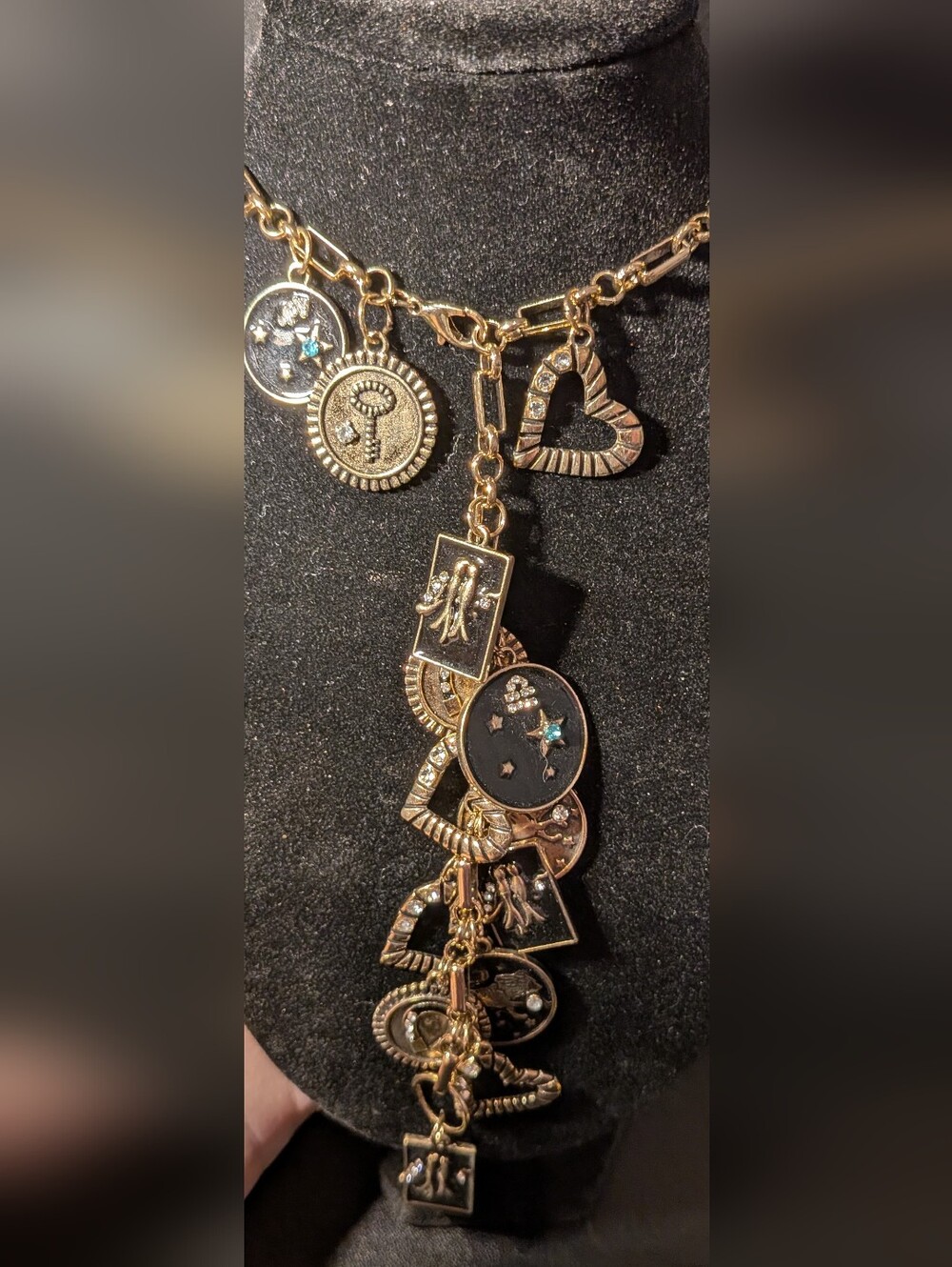 Gold-tone Charm Necklace with Black Enamel and Crystal Accents